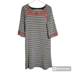 Anthropologie THML Shift Dress Aztec Embroidered Houndstooth 3/4 Sleeve sz  M